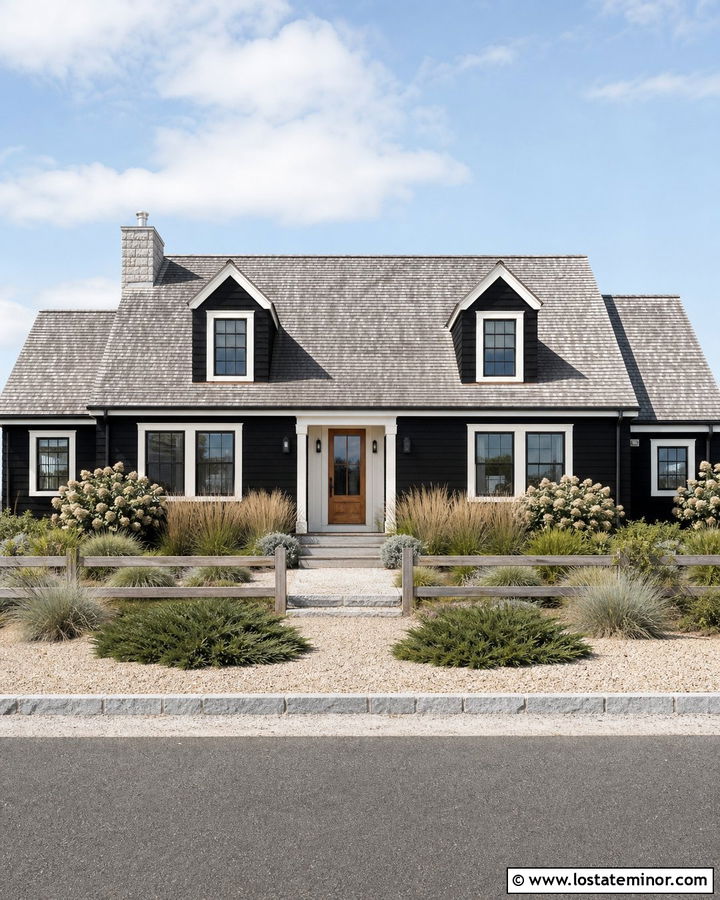 Jet Black Cape Cod House With Coastal Grasses - 30 Jet Black House Design With Landscaping Ideas