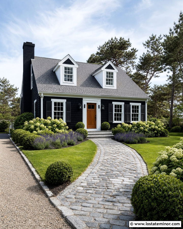 Jet Black Cape Cod House With Cobblestone Walkway - 30 Jet Black House Design With Walkway Ideas