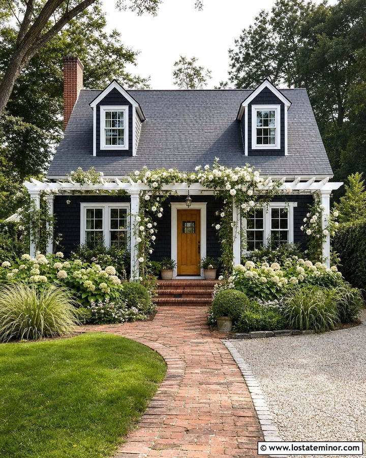 Jet Black Cape Cod House With Garden Pergola - 30 Jet Black House Design With Pergola Ideas