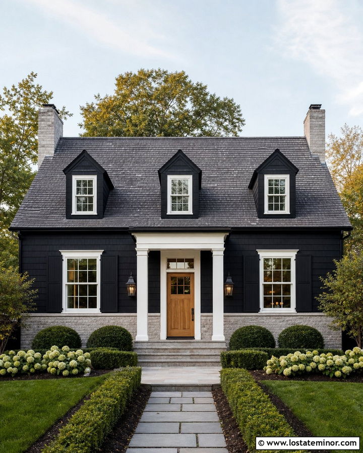 Jet Black Cape Cod House With Gray Brick Wainscoting - 30 Jet Black House Design With Wainscoting Ideas