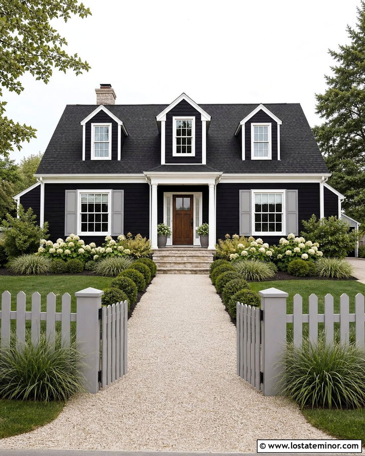 Jet Black Cape Cod House With Gray Picket Fence - 30 Jet Black House Design With Fence Ideas