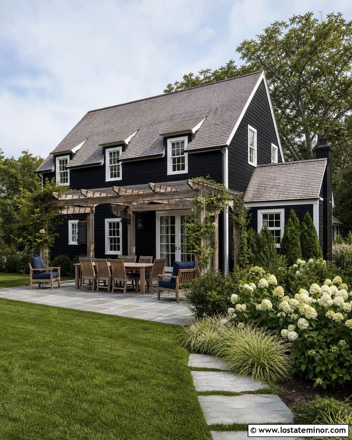 Jet Black Cape Cod House With Pergola - 30 Jet Black House Design With Backyard Ideas