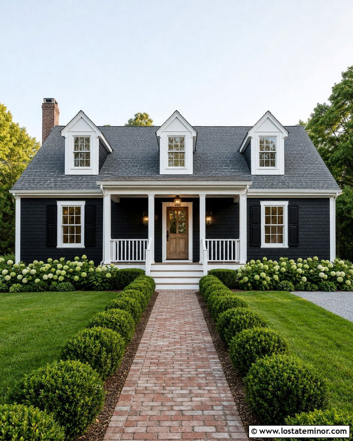 Jet Black Cape Cod House With Porch Pendants - 30 Jet Black House Design With Lighting Ideas