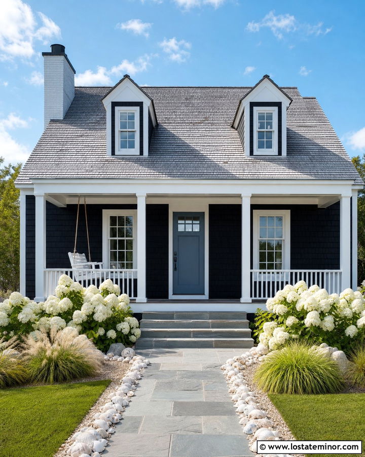 Jet Black Cape Cod House With Rope Porch Swing - 30 Jet Black House Design With Swing Ideas