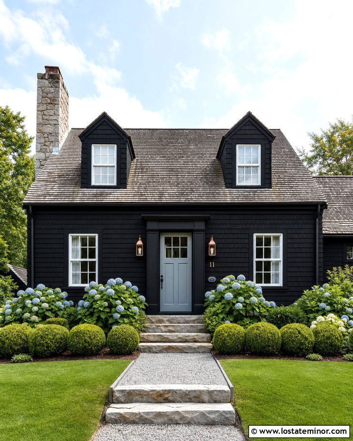 Jet Black Cape Cod House With Stone Chimney - 30 Jet Black House Design With Stone Accents Ideas