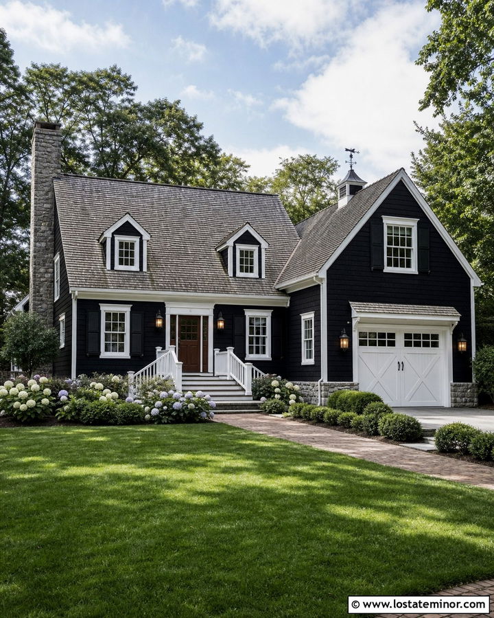 Jet Black Cape Cod House With White Carriage Garage Door - 30 Jet Black House Design With Garage Door Ideas