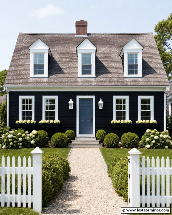 Jet Black Cape Cod House With White Lanterns - 30 Jet Black House Design With Light Fixtures Ideas