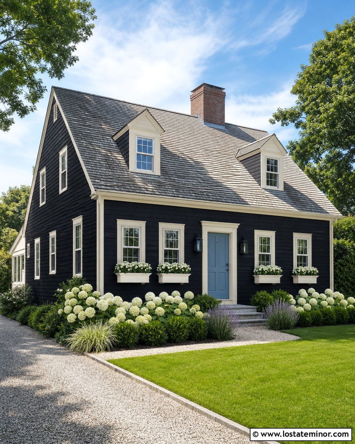 Jet Black Cape Cod With Hydrangea Front Yard - 30 Jet Black House Design With Front Yard Ideas