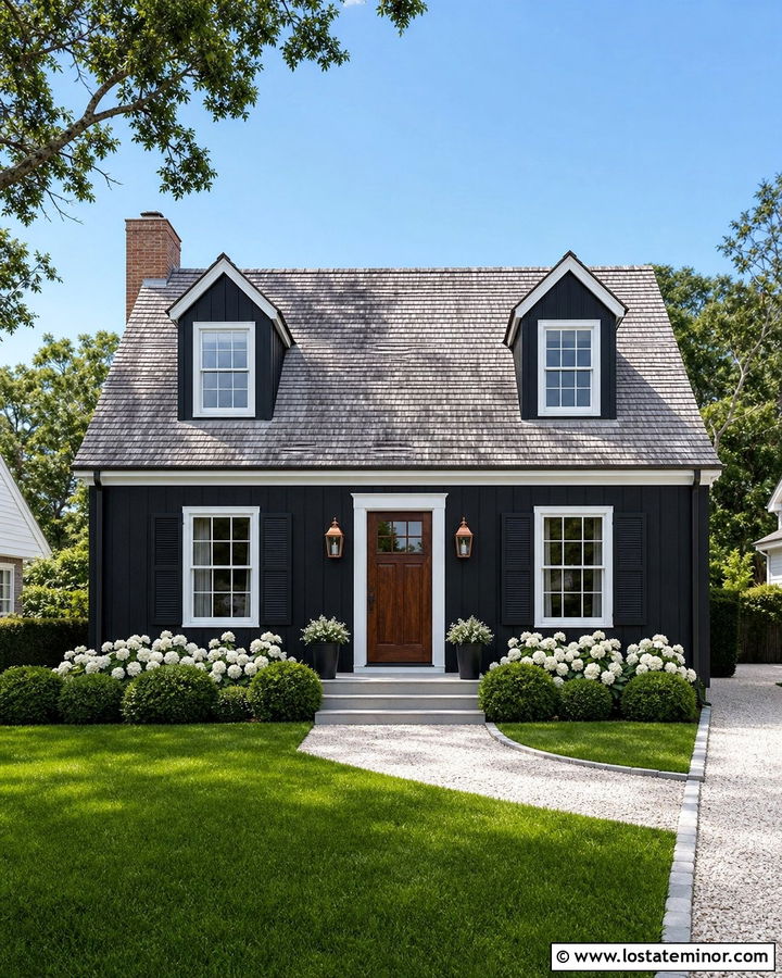 Jet Black Cape Cod With White Windows - 30 Jet Black House Design With Board and Batten Ideas