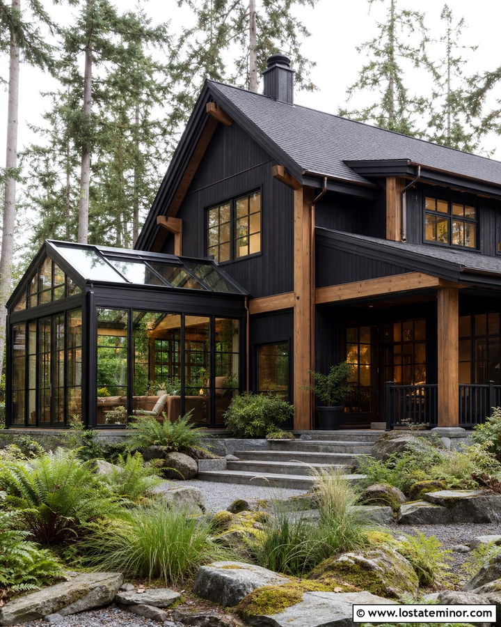Jet Black Cedar House With Garden Sunroom - 30 Jet Black House Design With Sunroom Ideas