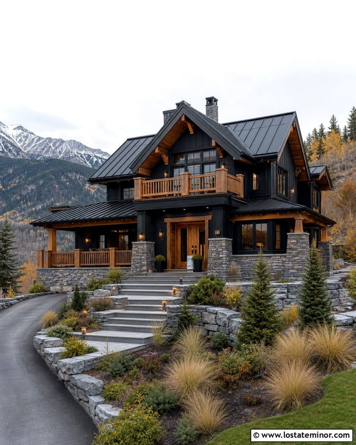 Jet Black Chalet House With Stone Piers - 30 Jet Black House Design With Stone Accents Ideas