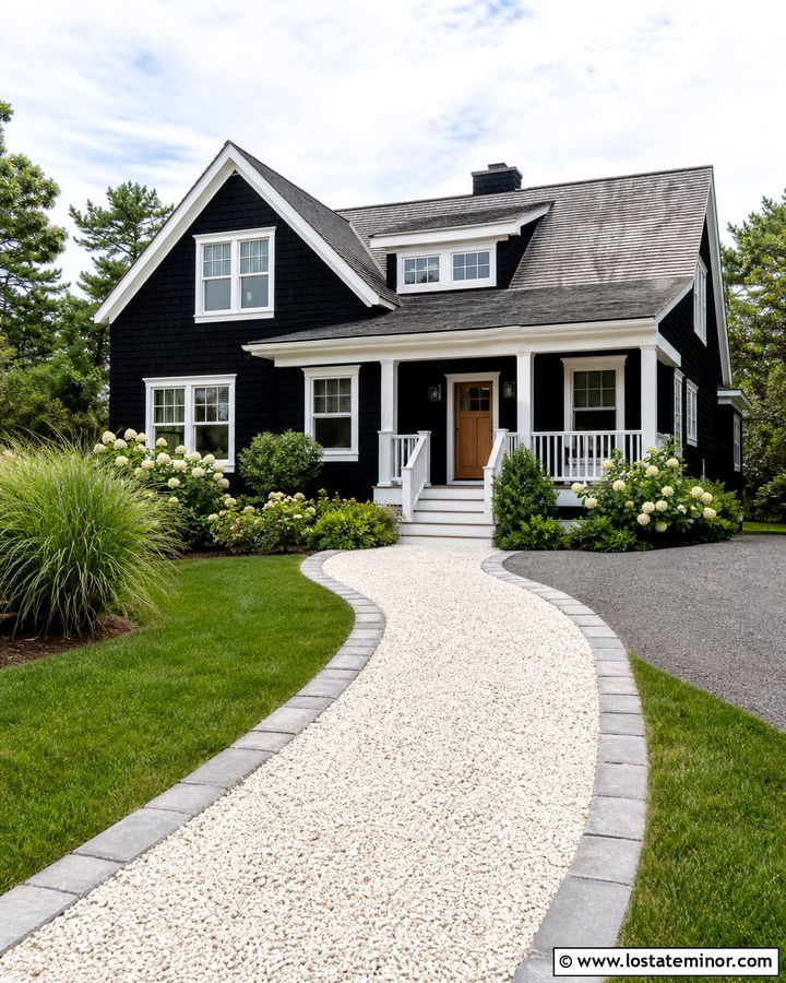 Jet Black Coastal Cottage With Shell Gravel Walkway - 30 Jet Black House Design With Walkway Ideas