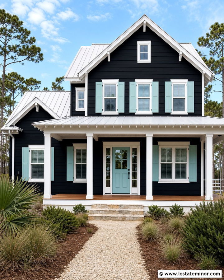 Jet Black Coastal House With Aqua Shutters - 30 Jet Black House Design With Shutters Ideas