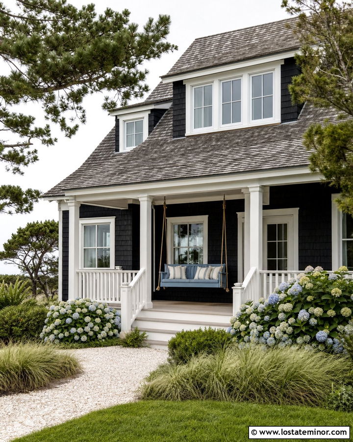 Jet Black Coastal House With Blue Porch Swing - 30 Jet Black House Design With Swing Ideas