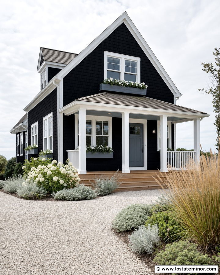 Jet Black Coastal House With Blue Window Boxes - 30 Jet Black House Design With Window Boxes Ideas