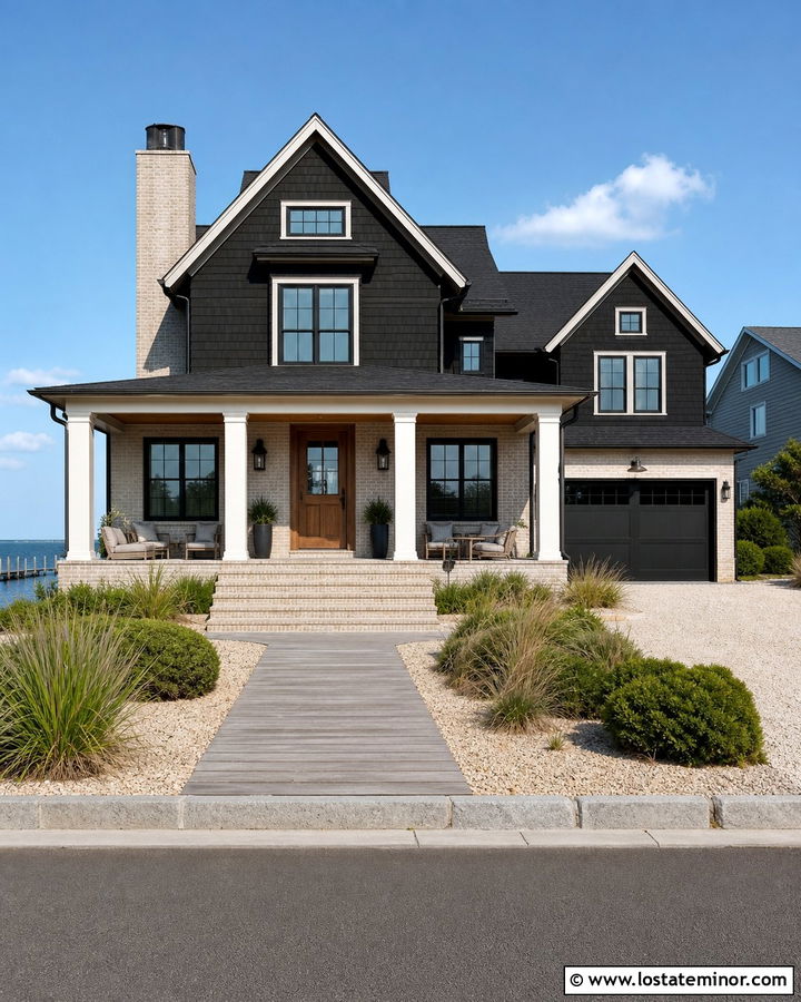 Jet Black Coastal House With Light Brick - 30 Jet Black House Design With Brick Accents Ideas