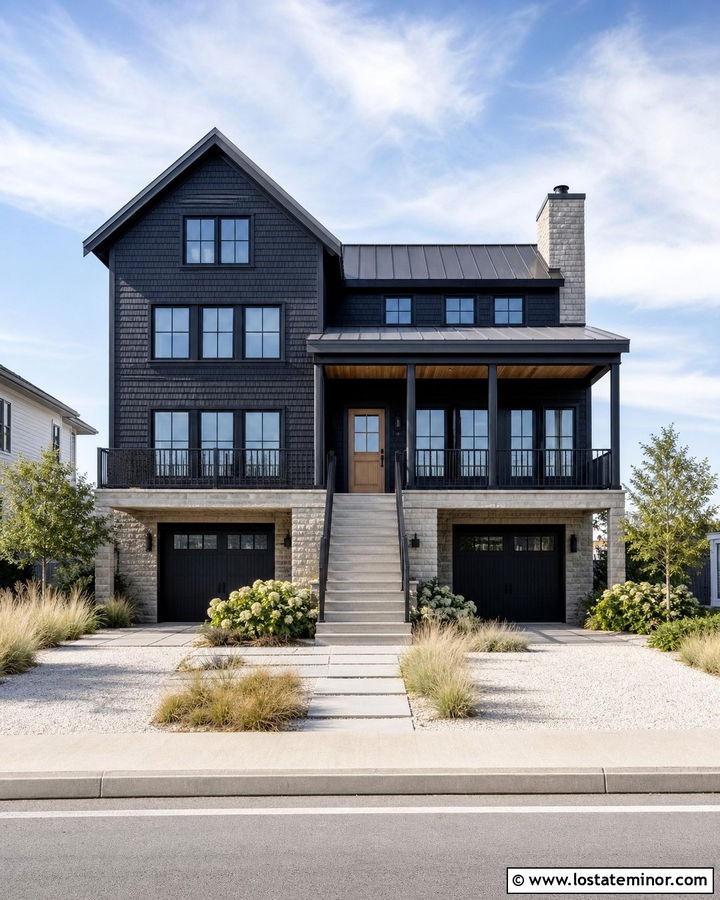 Jet Black Coastal House With Pale Stone - 30 Jet Black House Design With Stone Accents Ideas