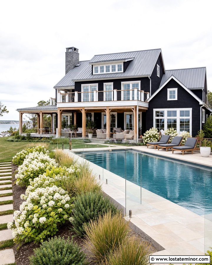 Jet Black Coastal House With Pool - 30 Jet Black House Design With Swimming Pool Ideas