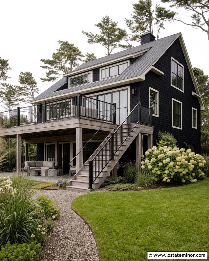 Jet Black Coastal House With Raised Deck - 30 Jet Black House Design With Backyard Ideas