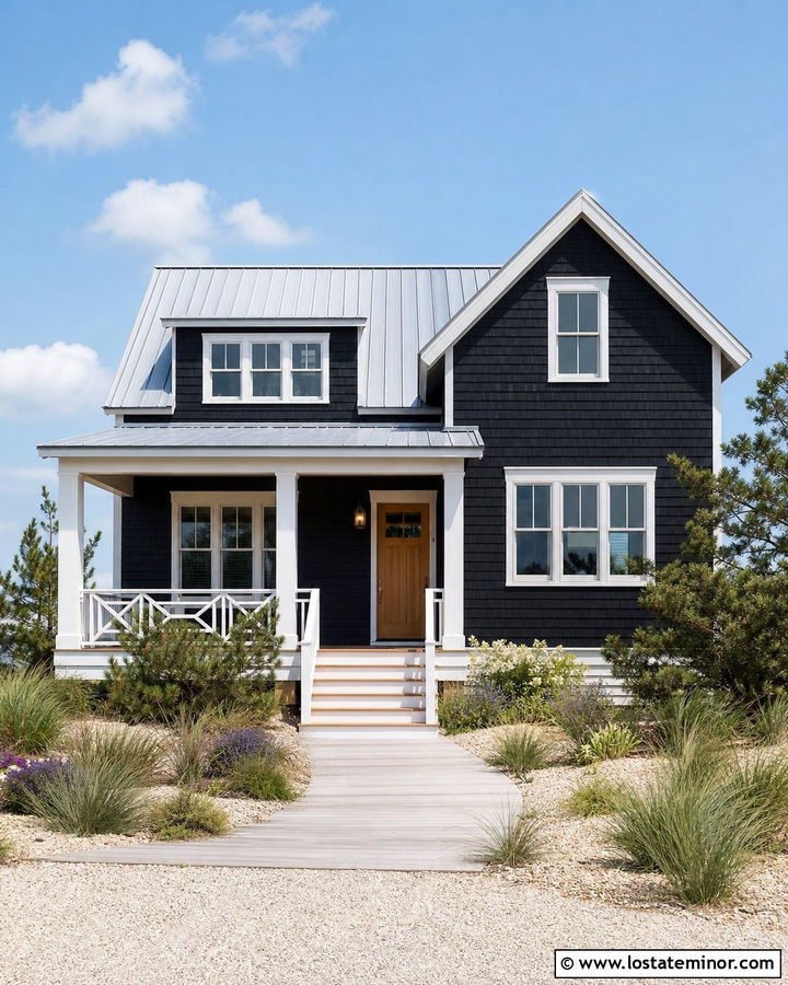 Jet Black Coastal House With Sandy Front Yard - 30 Jet Black House Design With Front Yard Ideas