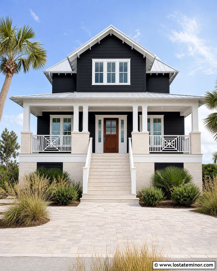 Jet Black Coastal House With Shellstone Wainscoting - 30 Jet Black House Design With Wainscoting Ideas