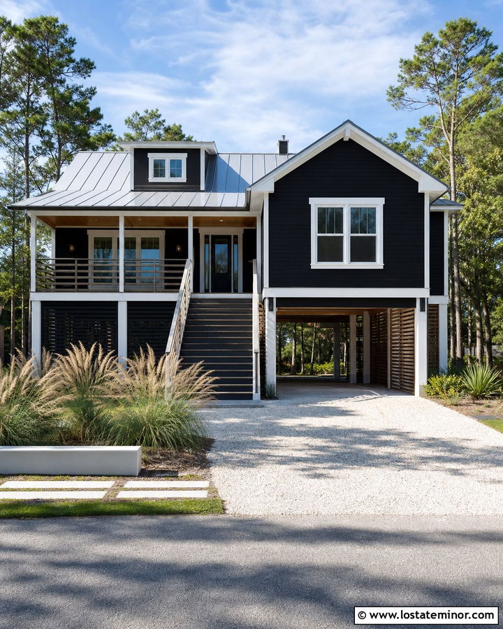 Jet Black Coastal House With Slatted Carport - 30 Jet Black House Design With Carport Ideas