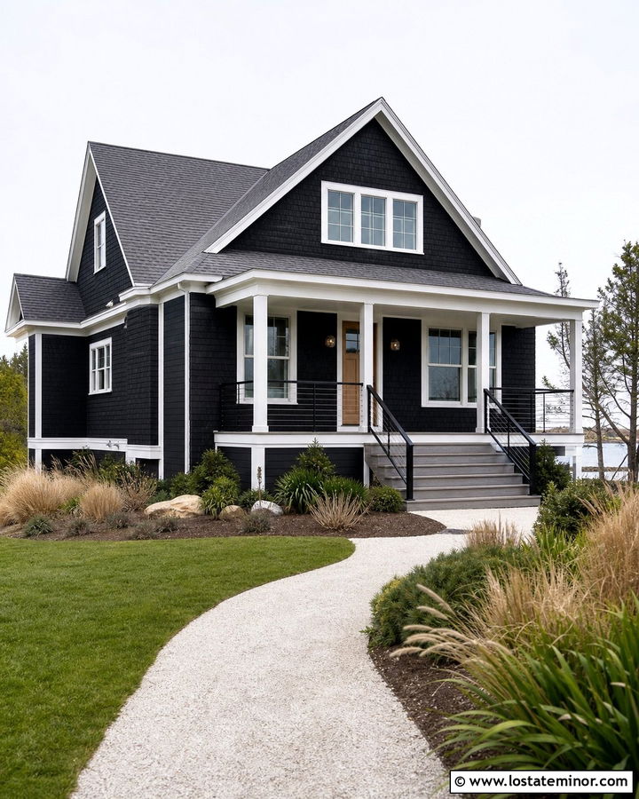 Jet Black Coastal House With Weathered Gray Steps - 30 Jet Black House Design With Steps Ideas