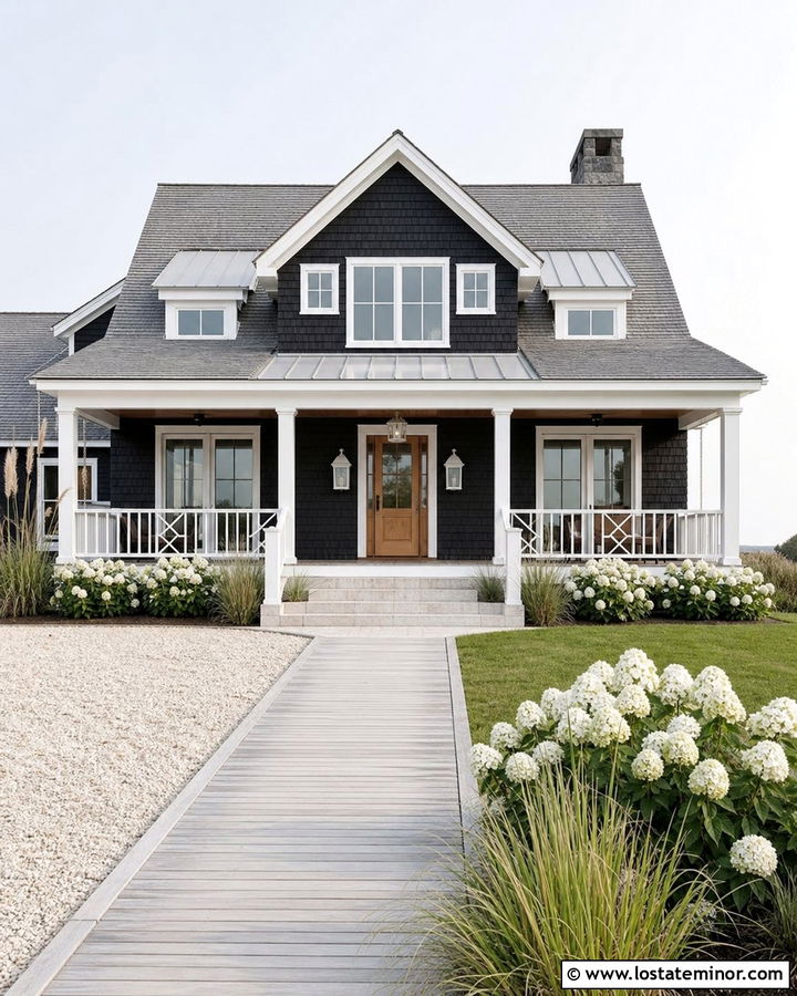 Jet Black Coastal House With White Lanterns - 30 Jet Black House Design With Lighting Ideas