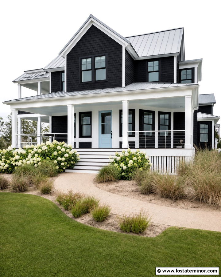 Jet Black Coastal House With White Porch Columns - 30 Jet Black House Design With Porch Columns Ideas