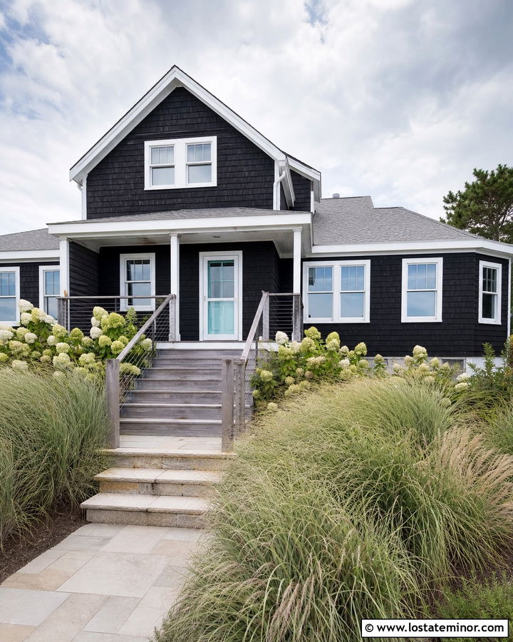 Jet Black Coastal House With White Storm Door - 30 Jet Black House Design With Storm Door Ideas