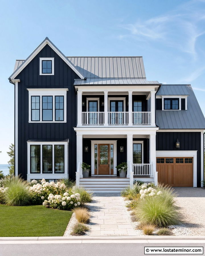 Jet Black Coastal House With White Trim - 30 Jet Black House Design With Board and Batten Ideas