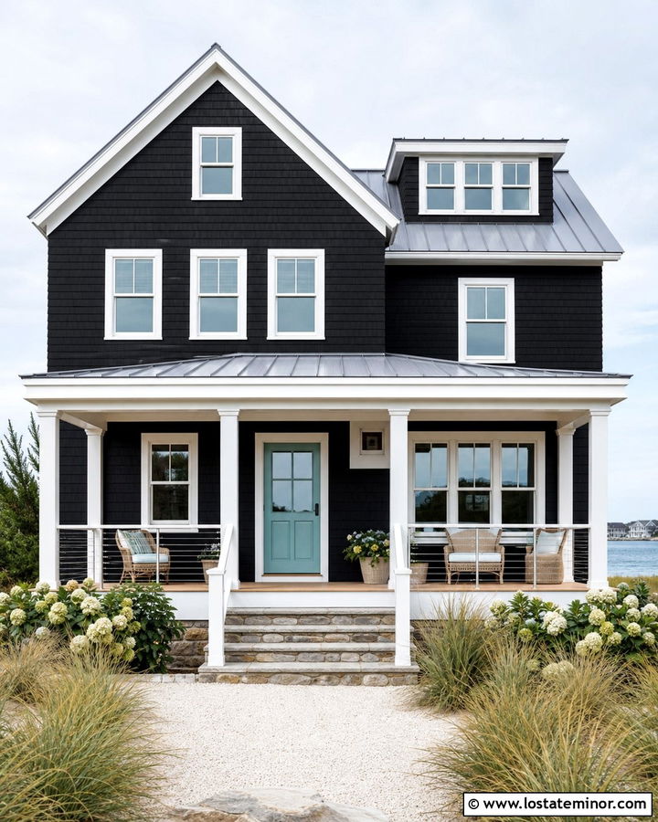 Jet Black Coastal House With White Window Frames - 30 Jet Black House Design With Window Frames Ideas