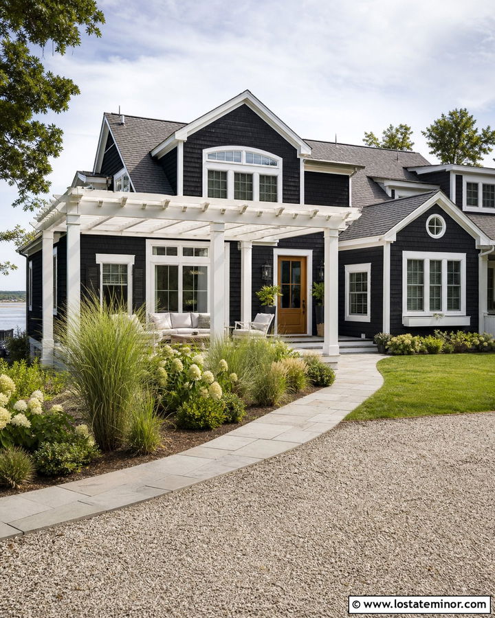 Jet Black Coastal House With White Wood Pergola - 30 Jet Black House Design With Pergola Ideas