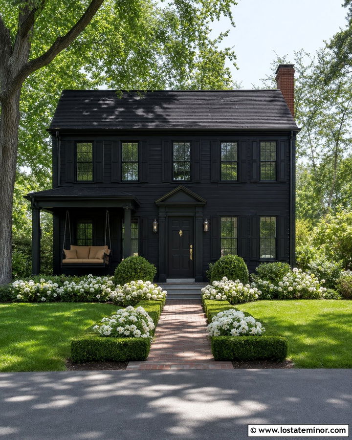 Jet Black Colonial House With Black Porch Swing - 30 Jet Black House Design With Swing Ideas