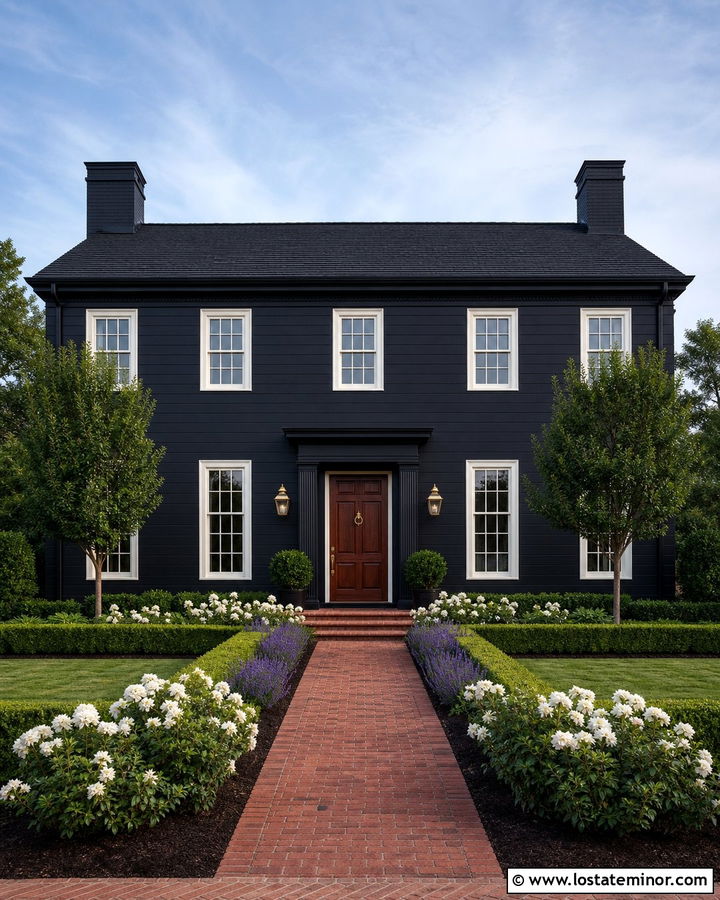 Jet Black Colonial House With Boxwood Hedges - 30 Jet Black House Design With Landscaping Ideas