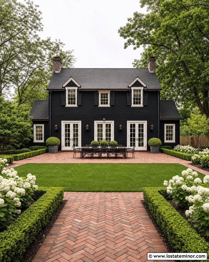 Jet Black Colonial House With Brick Terrace - 30 Jet Black House Design With Backyard Ideas