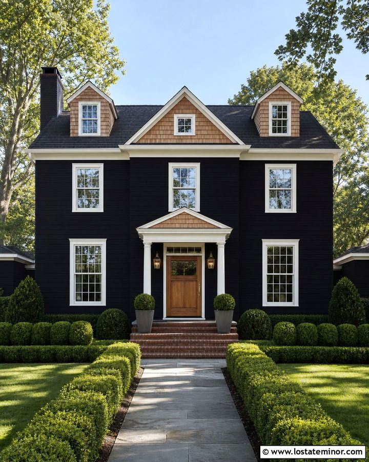 Jet Black Colonial House With Cedar Shake Accents - 30 Jet Black House Design With Cedar Shake Ideas