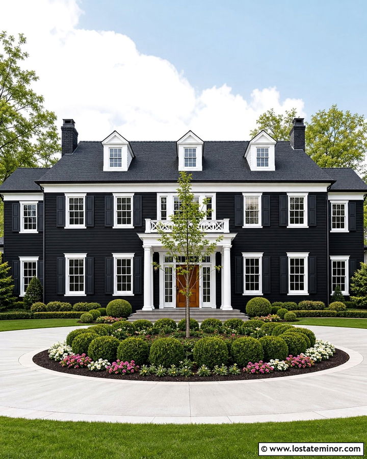 Jet Black Colonial House With Circular Driveway - 30 Jet Black House Design With Driveway Ideas