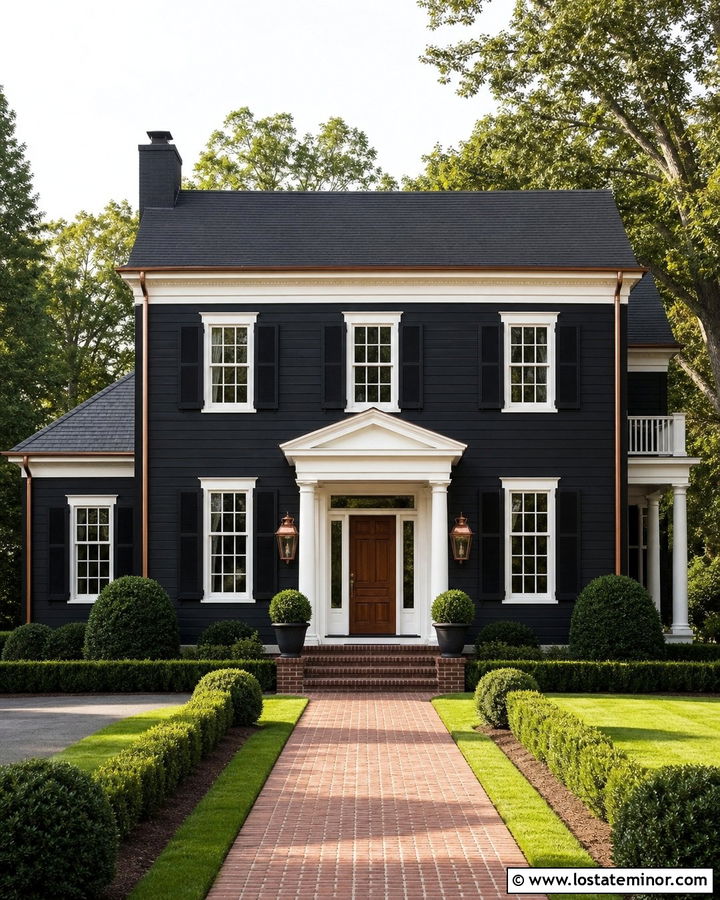 Jet Black Colonial House With Copper Lanterns - 30 Jet Black House Design With Lighting Ideas