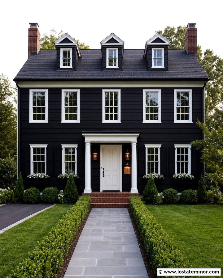 Jet Black Colonial House With Copper Mailbox - 30 Jet Black House Design With Mailbox Ideas