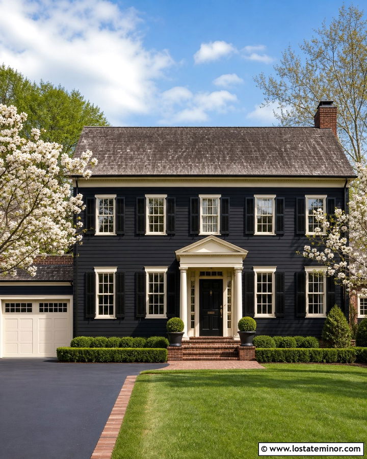 Jet Black Colonial House With Cream Garage Door - 30 Jet Black House Design With Garage Door Ideas