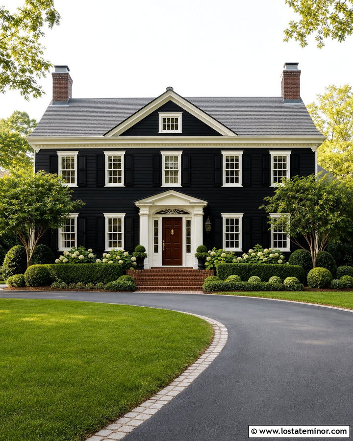 Jet Black Colonial House With Cream Window Frames - 30 Jet Black House Design With Window Frames Ideas