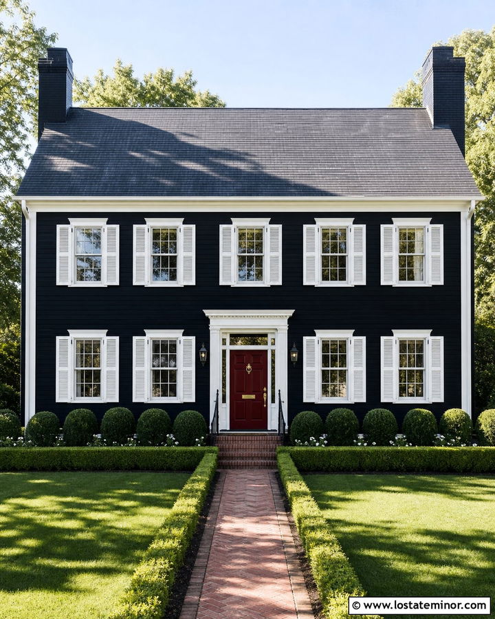 Jet Black Colonial House With Double Chimneys - 30 Jet Black House Design With Chimney Ideas