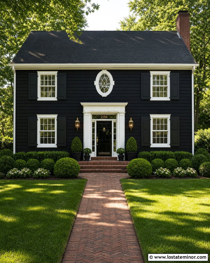 Jet Black Colonial House With Gold Numbers - 30 Jet Black House Design With House Numbers Ideas