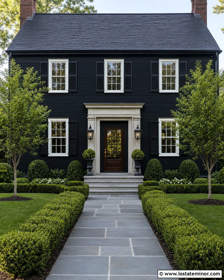 Jet Black Colonial House With Granite Entry - 30 Jet Black House Design With Stone Accents Ideas