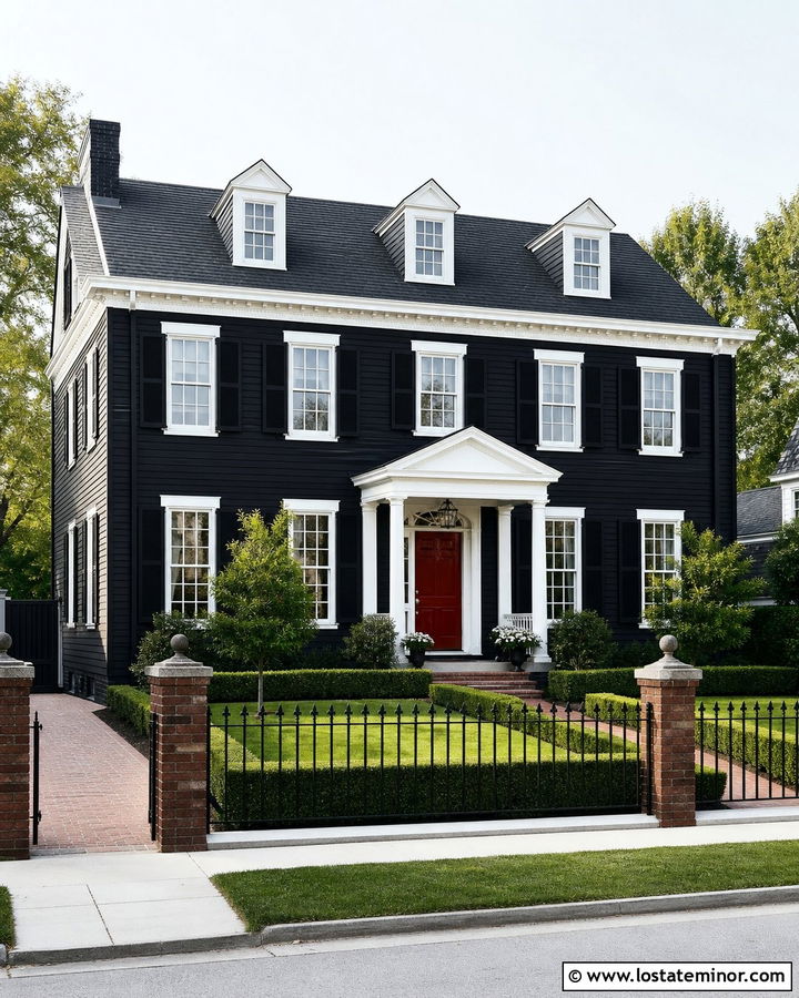 Jet Black Colonial House With Iron Fence - 30 Jet Black House Design With Fence Ideas