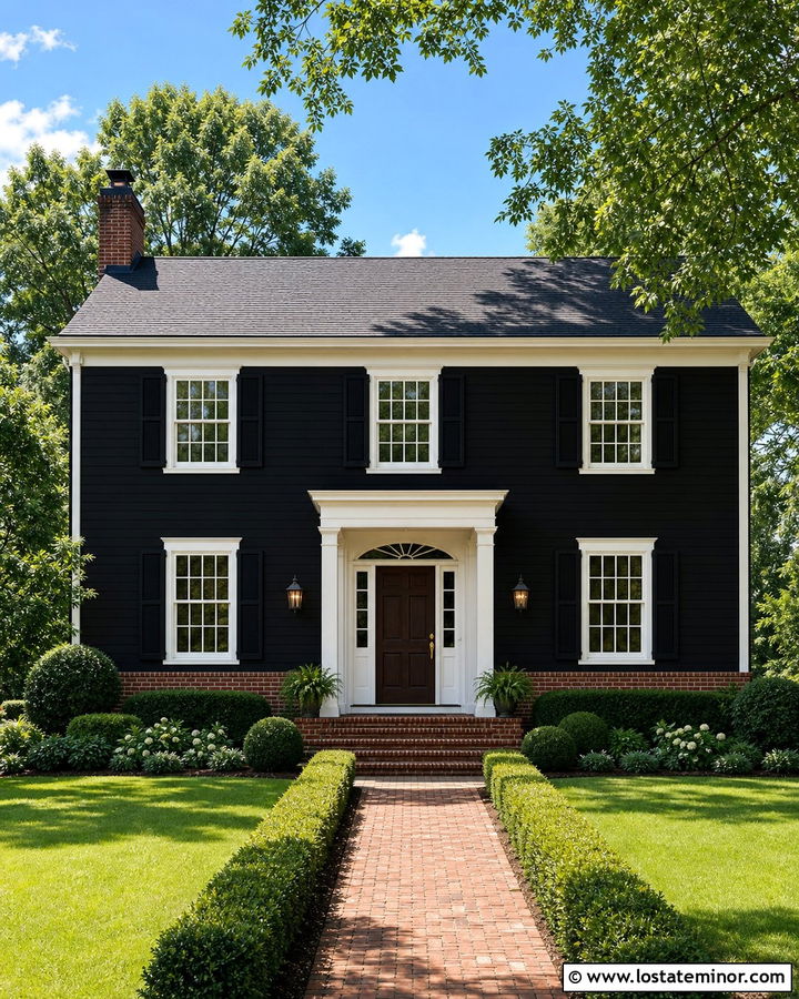 Jet Black Colonial House With Red Brick Wainscoting - 30 Jet Black House Design With Wainscoting Ideas