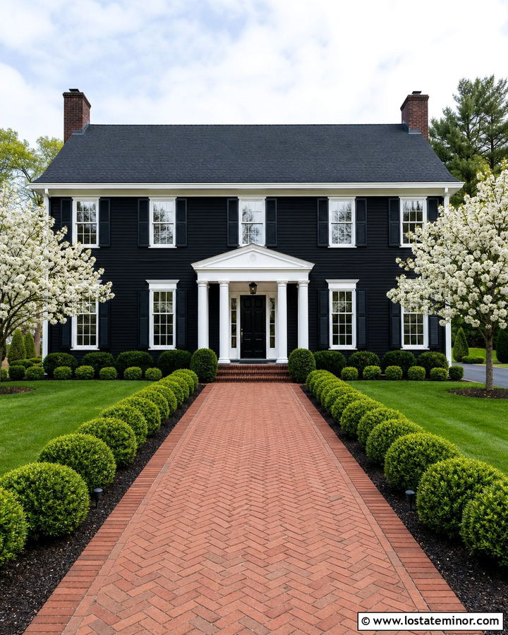 Jet Black Colonial House With Red Brick Walkway - 30 Jet Black House Design With Walkway Ideas