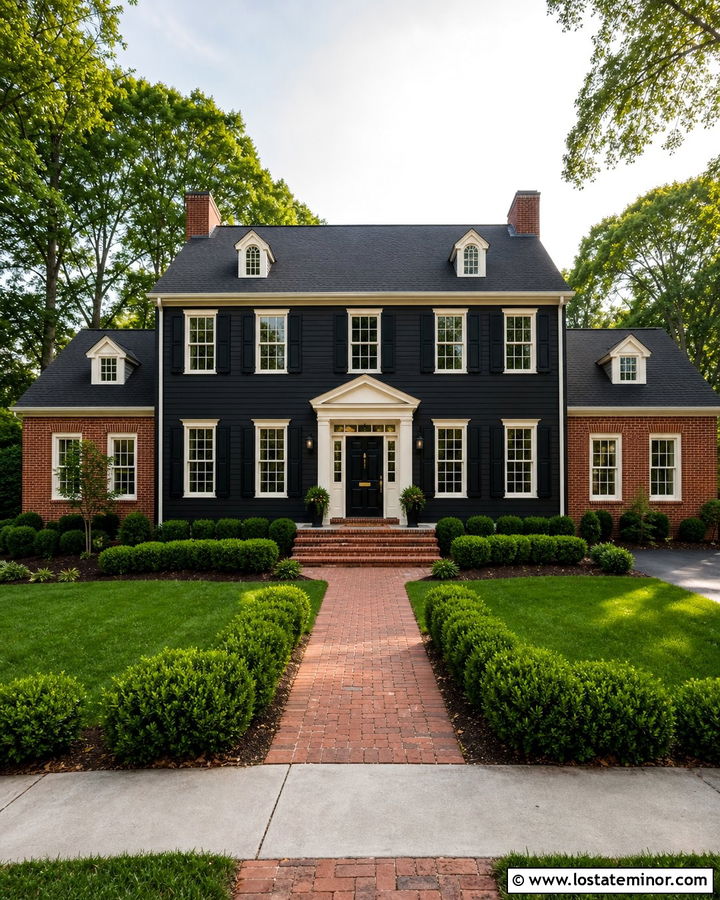 Jet Black Colonial House With Red Brick Wings - 30 Jet Black House Design With Brick Accents Ideas