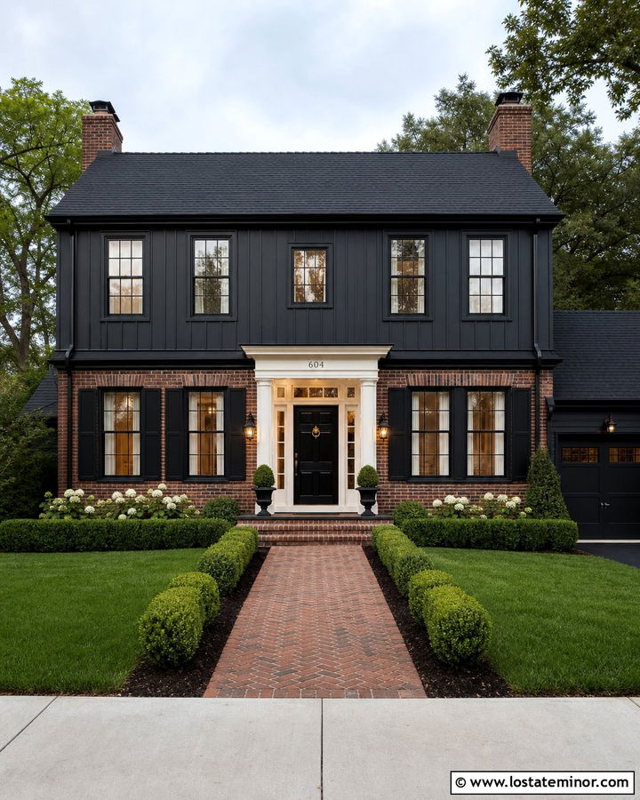 Jet Black Colonial House With Red Brick - 30 Jet Black House Design With Board and Batten Ideas